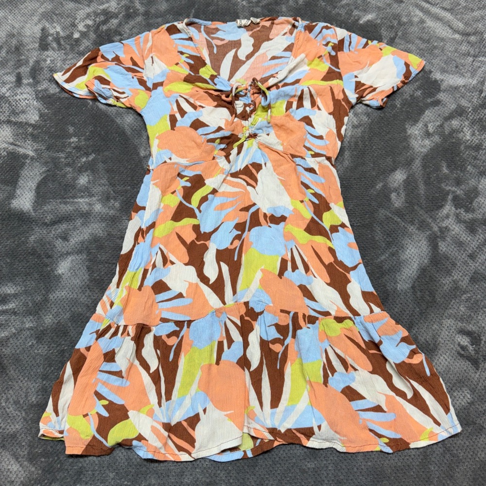 Roxy Tropical Abstract Floral Tie Front Mini‎ Dress Orange Blue Small